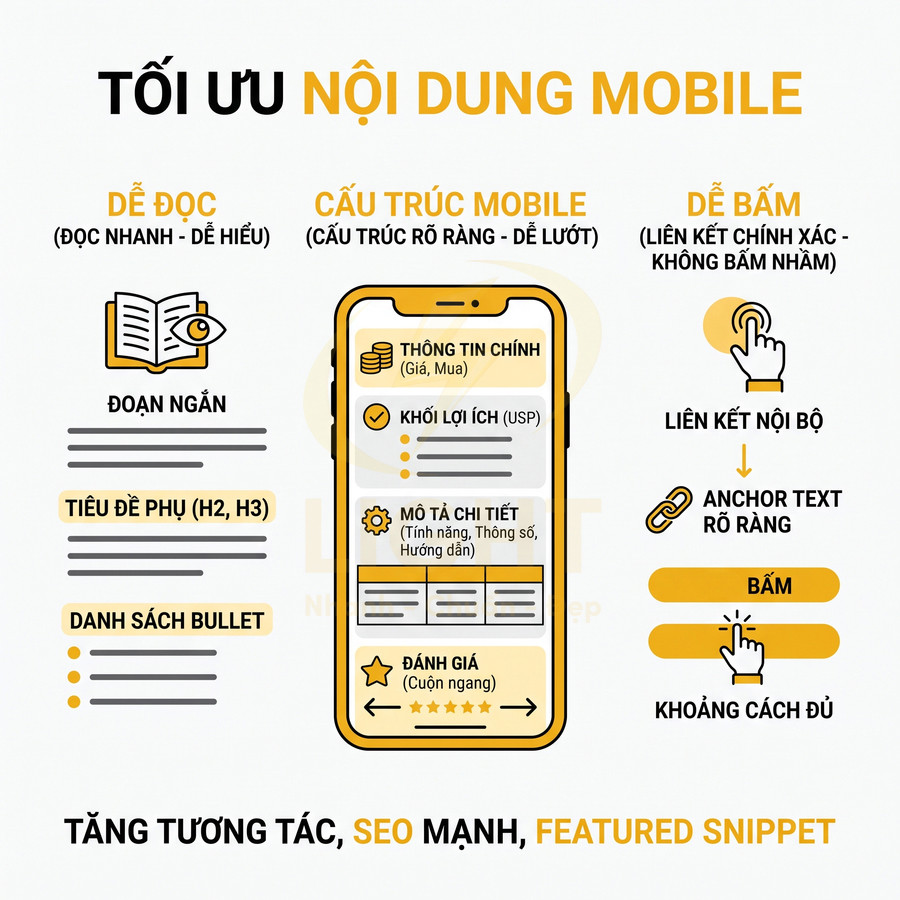 Infographic tối ưu nội dung mobile với cấu trúc bài viết, liên kết nội bộ và nút bấm rõ ràng trên điện thoại