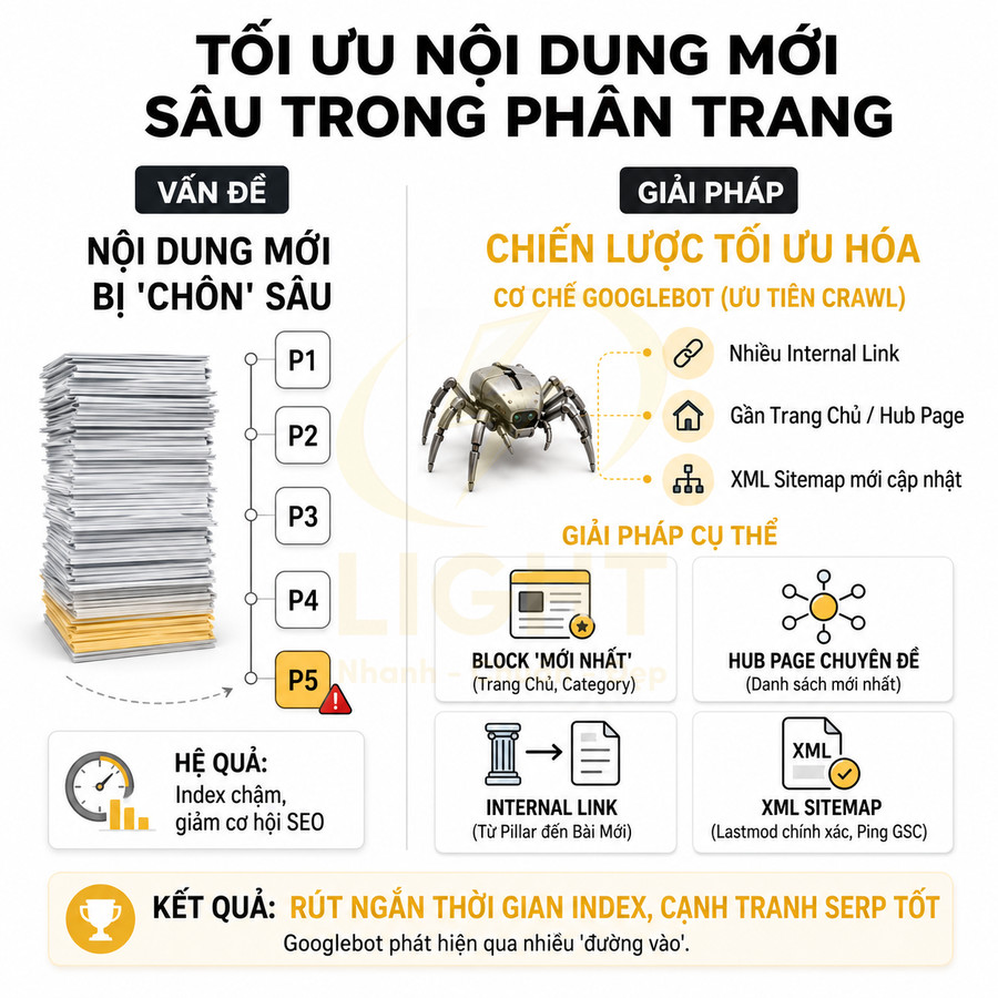 Infographic tối ưu nội dung mới trong phân trang với chiến lược internal link và XML sitemap cho SEO
