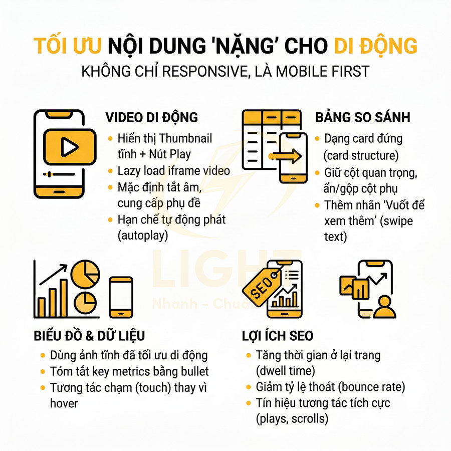 Infographic tối ưu nội dung nặng cho di động với video, bảng so sánh, biểu đồ dữ liệu và lợi ích SEO
