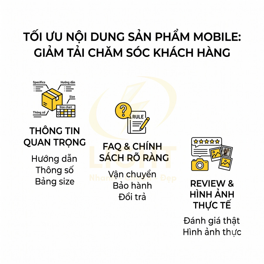 Tối ưu nội dung sản phẩm mobile với thông tin quan trọng, chính sách rõ ràng và review hình ảnh thực tế