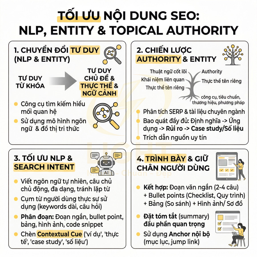Infographic tối ưu nội dung SEO với NLP, Entity, Topical Authority và cách trình bày giữ chân người dùng