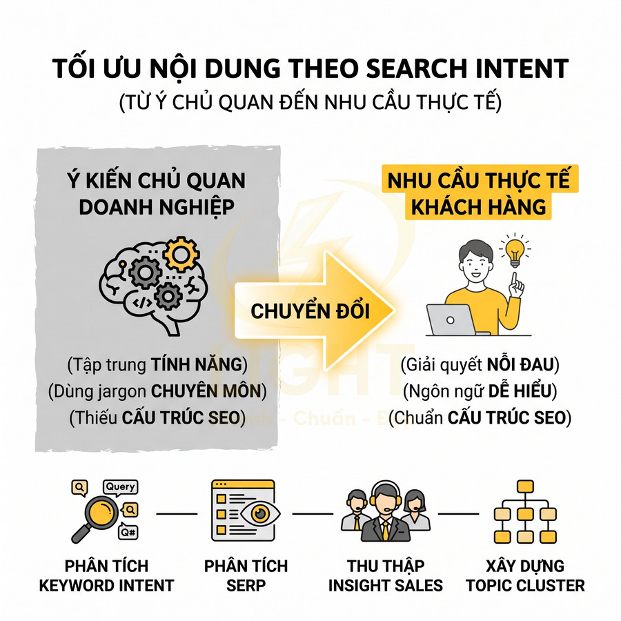 Infographic tối ưu nội dung theo search intent từ ý kiến doanh nghiệp đến nhu cầu khách hàng và quy trình SEO