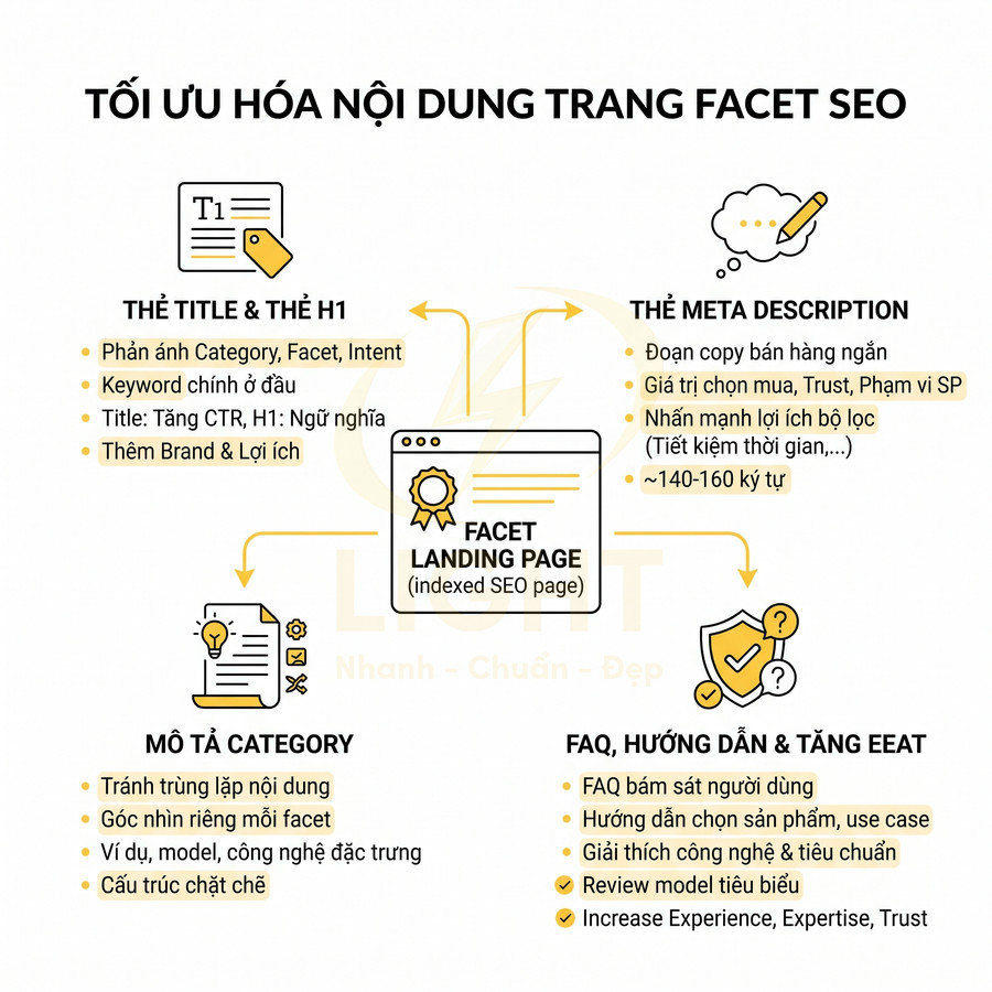 Hướng dẫn tối ưu nội dung trang facet SEO với title, meta description, mô tả category và FAQ