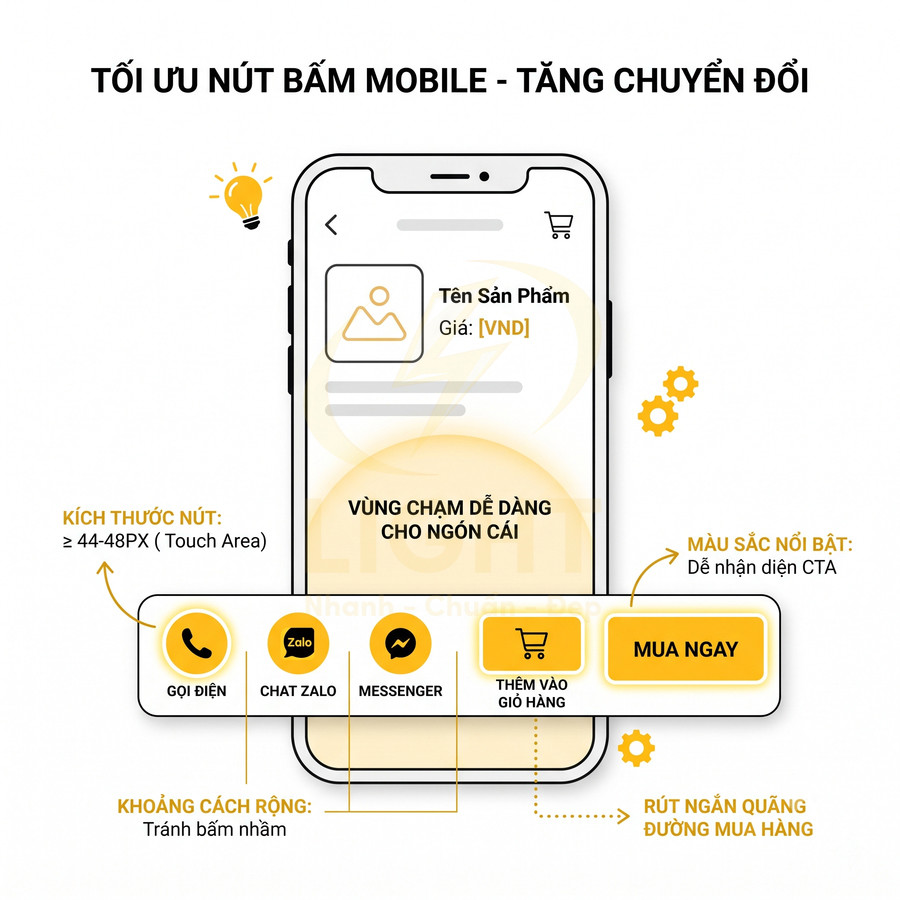 Giao diện mua sắm trên điện thoại với các nút CTA màu vàng như mua ngay, thêm vào giỏ hàng, gọi điện, chat Zalo