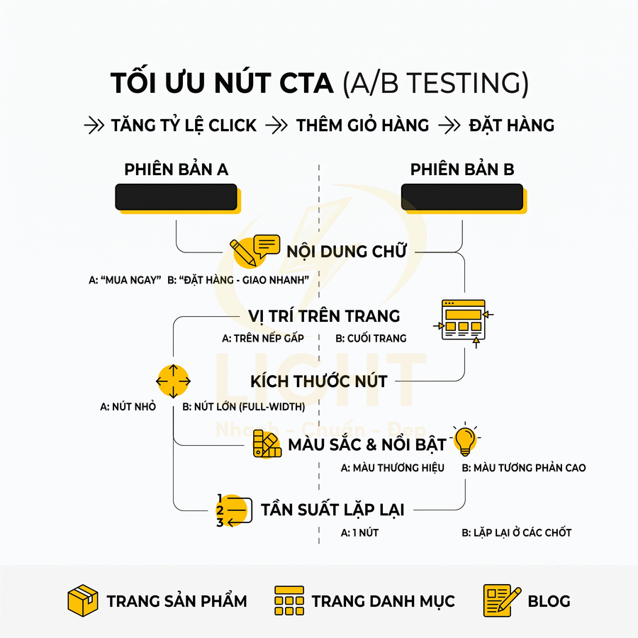 Infographic tối ưu nút CTA A/B testing với nội dung, vị trí, kích thước, màu sắc và tần suất lặp lại trên website