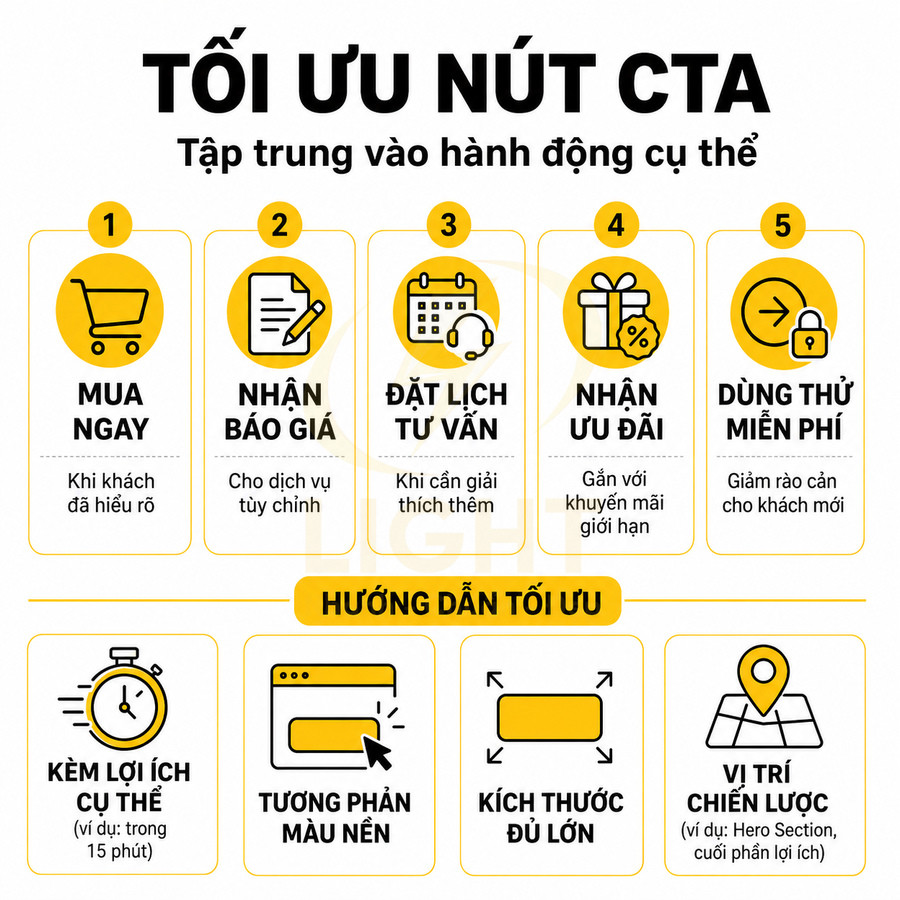 Infographic tối ưu nút CTA với 5 loại hành động và hướng dẫn thiết kế nút kêu gọi hành động hiệu quả