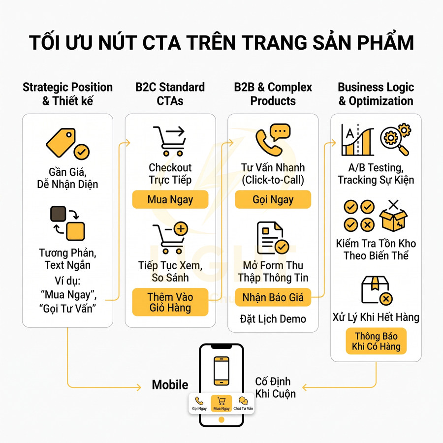 Hướng dẫn tối ưu nút kêu gọi hành động CTA trên trang sản phẩm cho B2C và B2B, gồm ví dụ nút Mua ngay, Gọi ngay, Nhận báo giá
