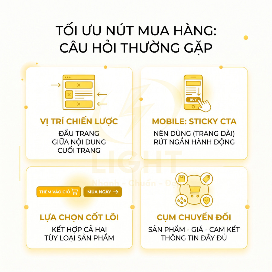 Infographic tối ưu nút mua hàng với vị trí chiến lược, sticky CTA mobile, lựa chọn cốt lõi và cụm chuyển đổi
