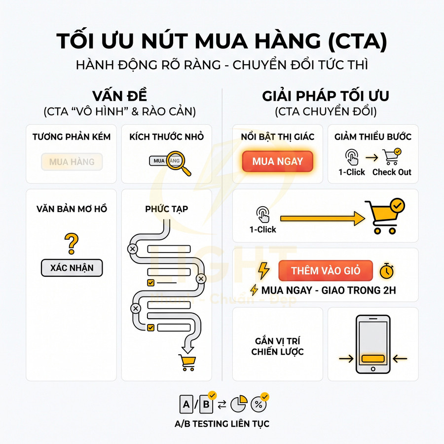 Mô hình tối ưu nút mua hàng CTA với ví dụ nút Mua ngay, Thêm vào giỏ và quy trình giảm bước thanh toán