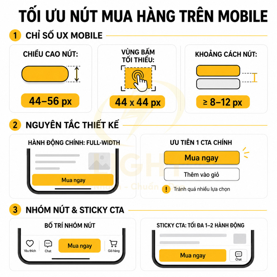 Hướng dẫn tối ưu nút mua hàng trên mobile với kích thước, khoảng cách và bố trí CTA rõ ràng