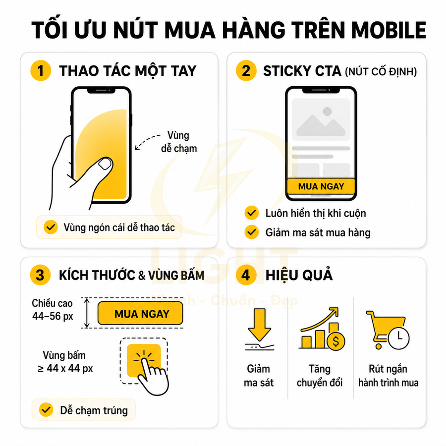 Hướng dẫn tối ưu nút mua ngay trên giao diện mobile với thao tác một tay, sticky CTA và kích thước vùng bấm chuẩn