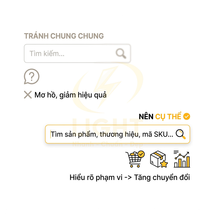 Hướng dẫn tối ưu ô tìm kiếm sản phẩm với gợi ý nhập tên sản phẩm, thương hiệu, mã SKU để tăng chuyển đổi