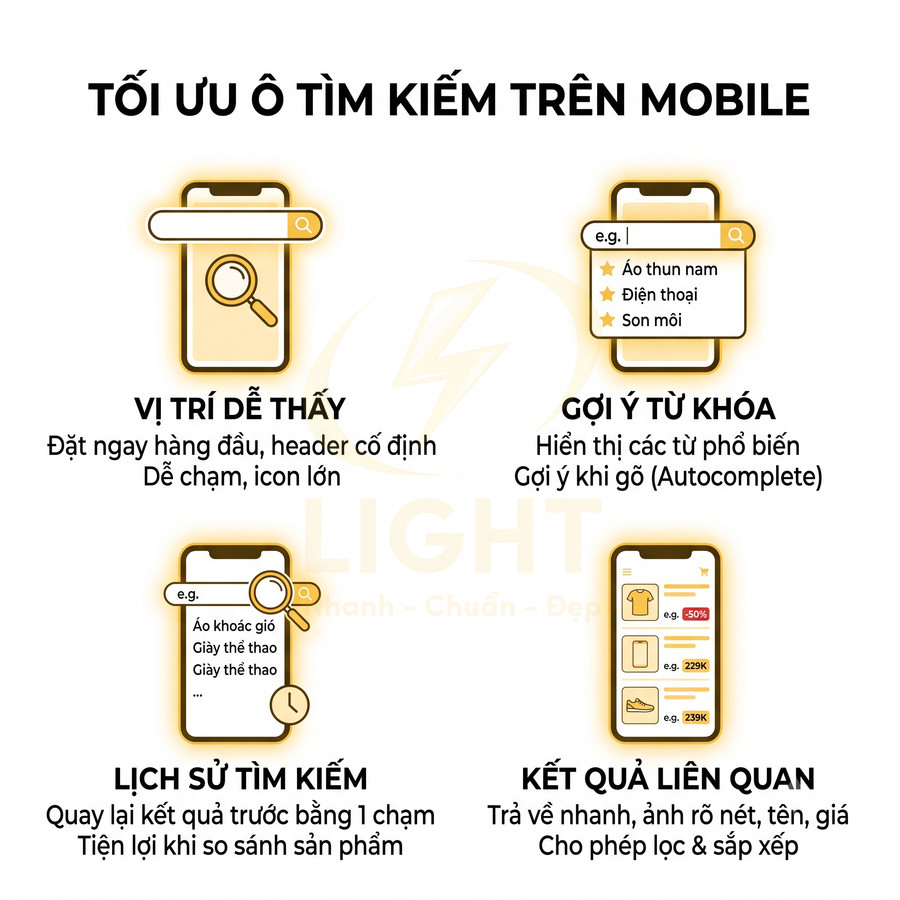 Hướng dẫn tối ưu ô tìm kiếm trên mobile với vị trí dễ thấy, gợi ý từ khóa, lịch sử tìm kiếm và kết quả liên quan