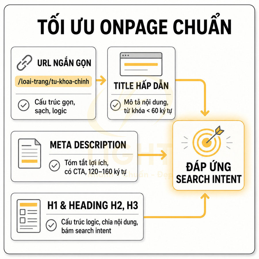 Hướng dẫn tối ưu onpage chuẩn SEO với URL ngắn gọn, title hấp dẫn, meta description và heading đáp ứng search intent
