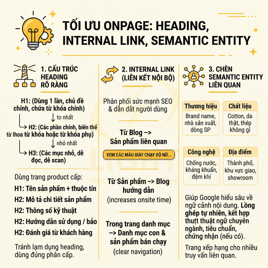 Hướng dẫn tối ưu onpage với heading, internal link và semantic entity cho trang sản phẩm SEO