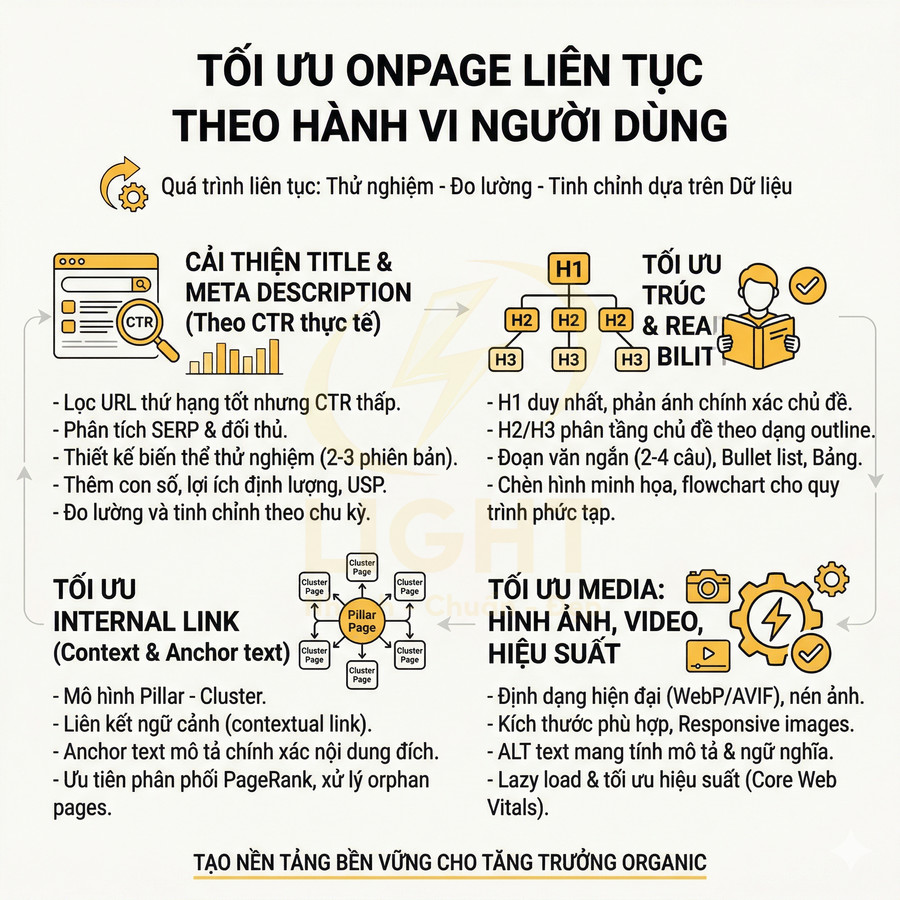 Infographic tối ưu onpage SEO liên tục theo hành vi người dùng với hướng dẫn cải thiện title, internal link và media