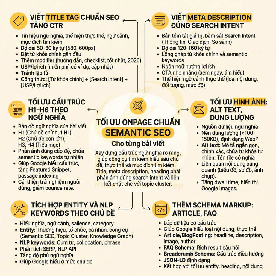 Hướng dẫn tối ưu onpage chuẩn semantic SEO với title tag, meta description, cấu trúc H1 H6, alt text và schema markup
