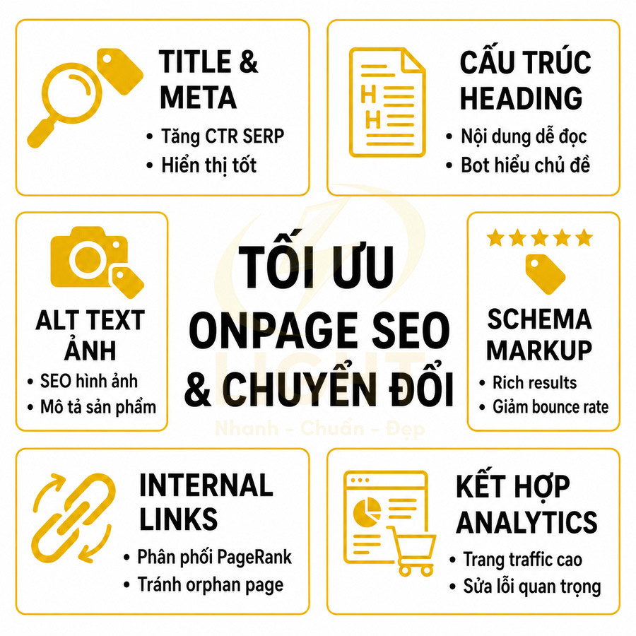 Hướng dẫn tối ưu onpage SEO và chuyển đổi với title meta heading alt text internal links schema analytics