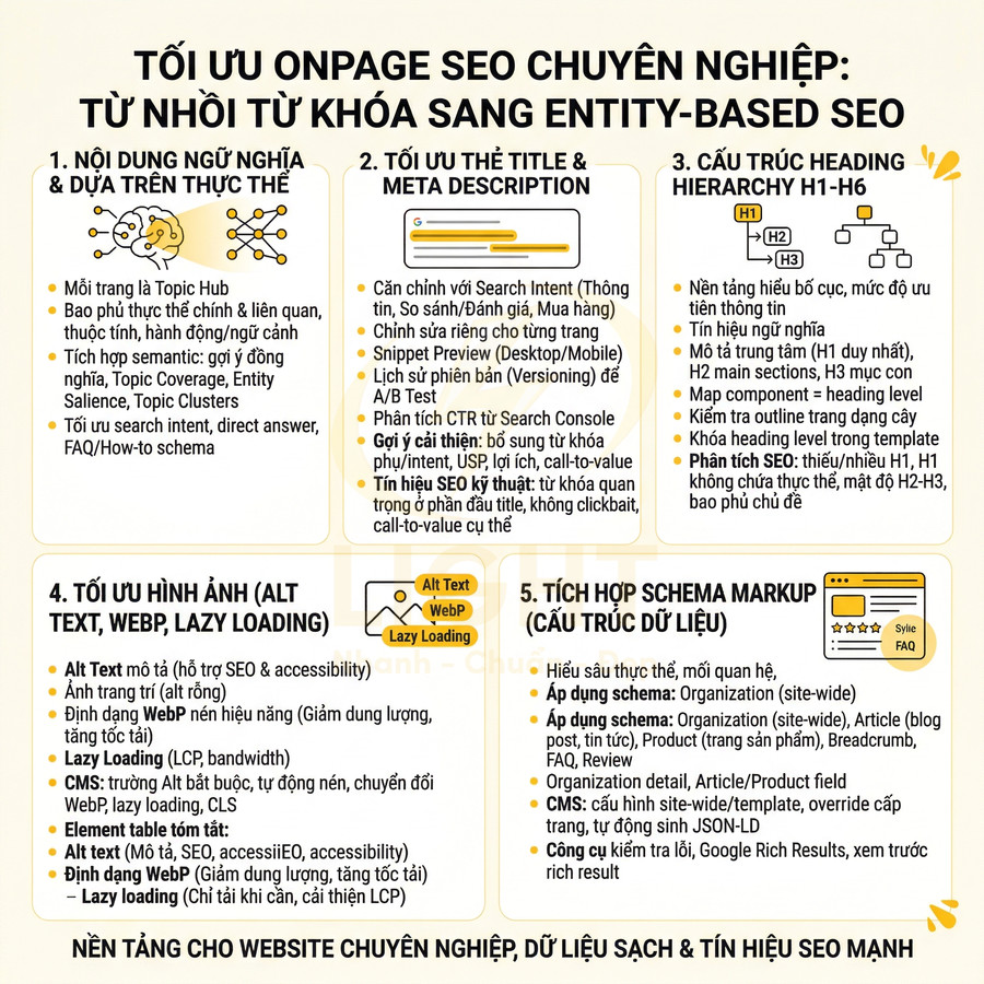 Infographic tối ưu onpage SEO chuyên nghiệp từ nhồi từ khóa sang entity based SEO với 5 bước chi tiết