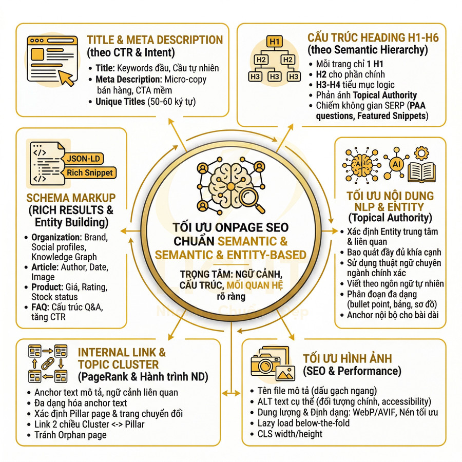 Infographic tối ưu onpage SEO chuẩn semantic, entity, heading, schema, internal link và hình ảnh
