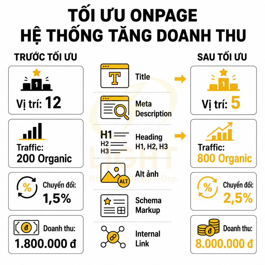 Infographic tối ưu SEO onpage giúp tăng thứ hạng, traffic, tỉ lệ chuyển đổi và doanh thu website