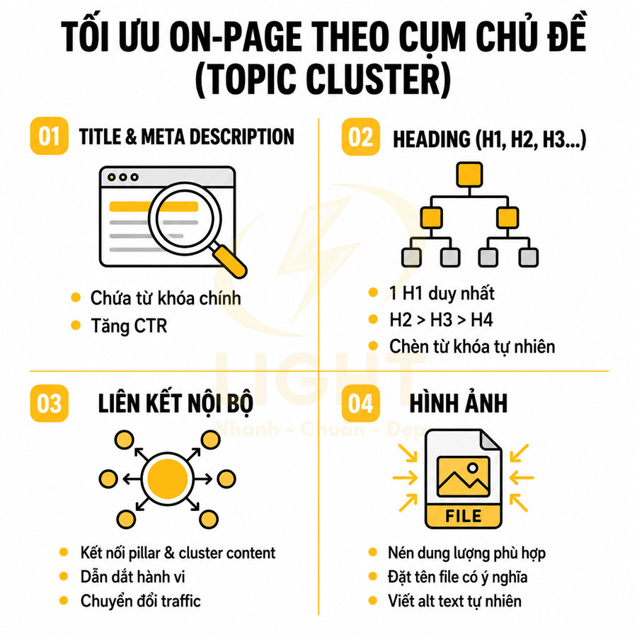 Infographic tối ưu onpage SEO theo cụm chủ đề với các bước về title, heading, liên kết nội bộ và hình ảnh