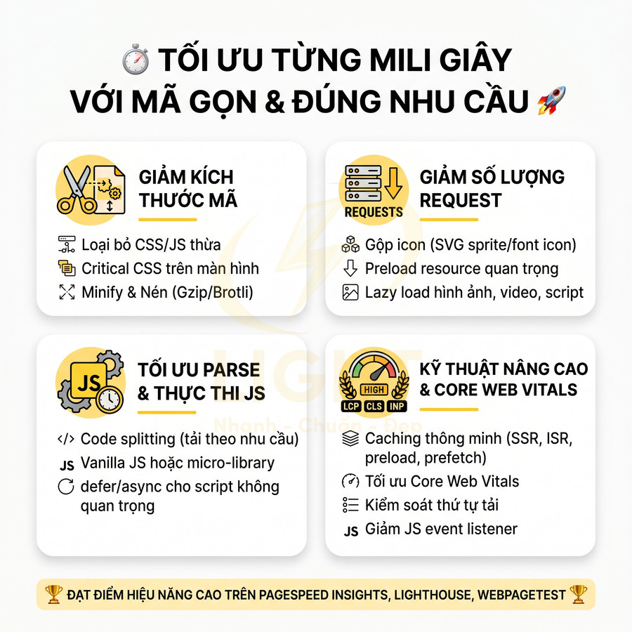 Infographic tối ưu hiệu năng web với mã gọn, giảm kích thước CSS JS, giảm request và cải thiện Core Web Vitals