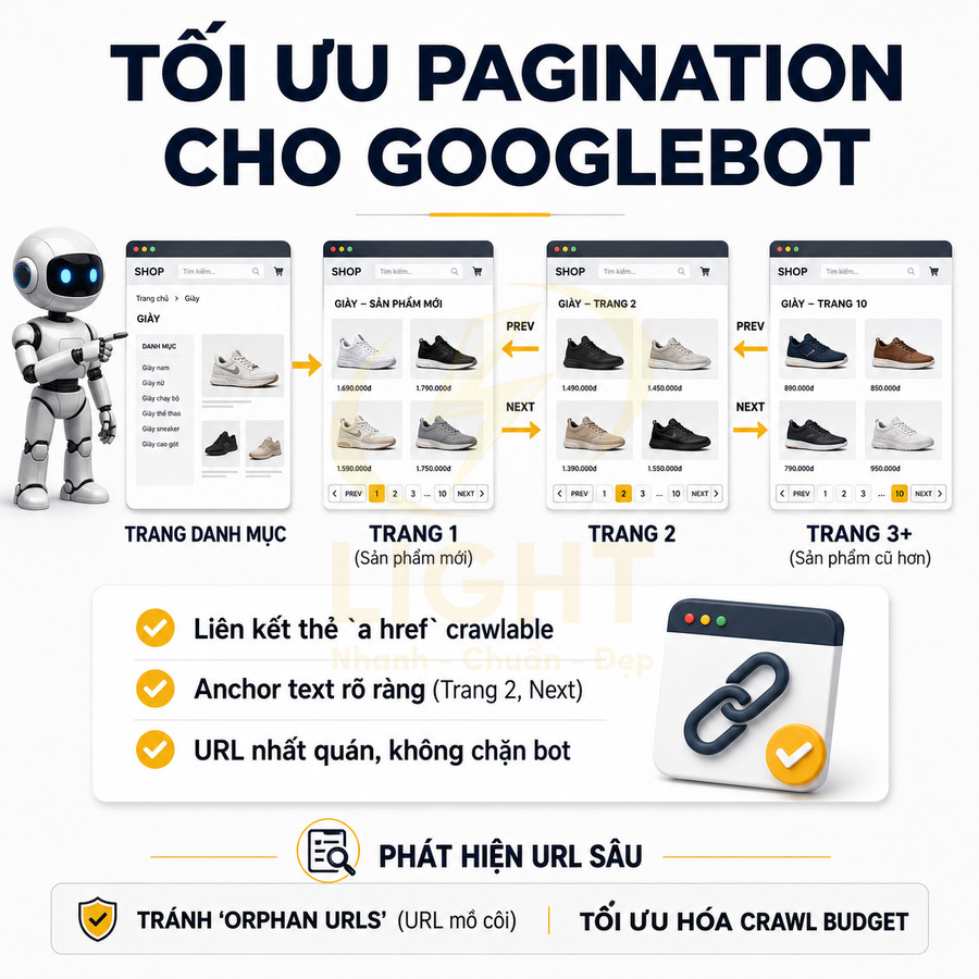 Hướng dẫn tối ưu phân trang sản phẩm giày cho Googlebot với liên kết crawlable và tránh orphan URLs