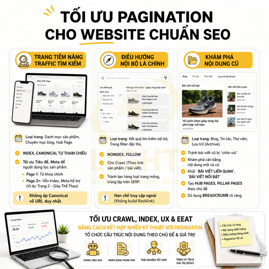 Infographic tối ưu pagination cho website chuẩn SEO với ví dụ trang danh mục giày thể thao trên laptop và điện thoại