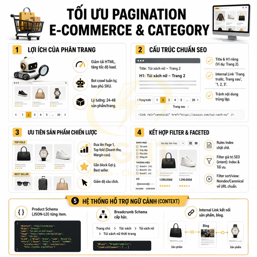 Infographic tối ưu phân trang e-commerce và category với ví dụ sản phẩm túi xách, giày, đồng hồ, kính thời trang