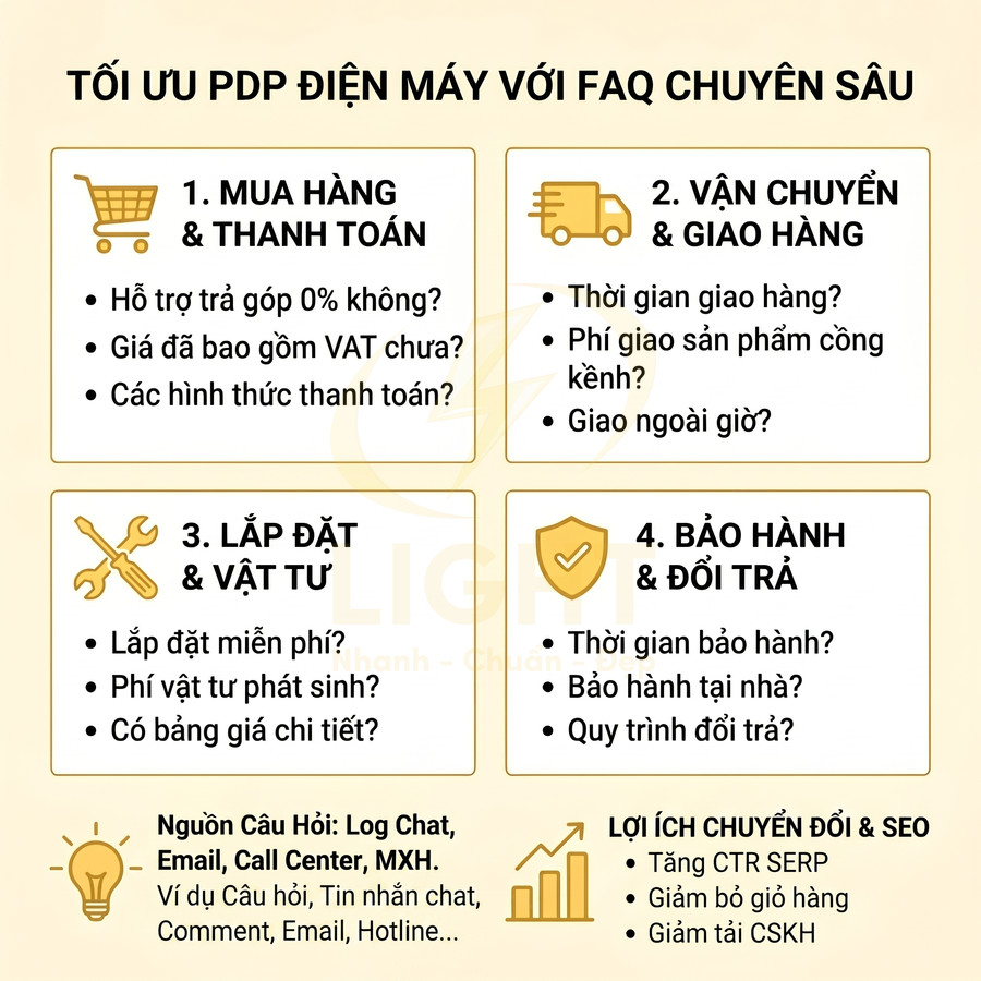 Infographic tối ưu trang sản phẩm điện máy với FAQ về mua hàng, giao hàng, lắp đặt, bảo hành và lợi ích SEO