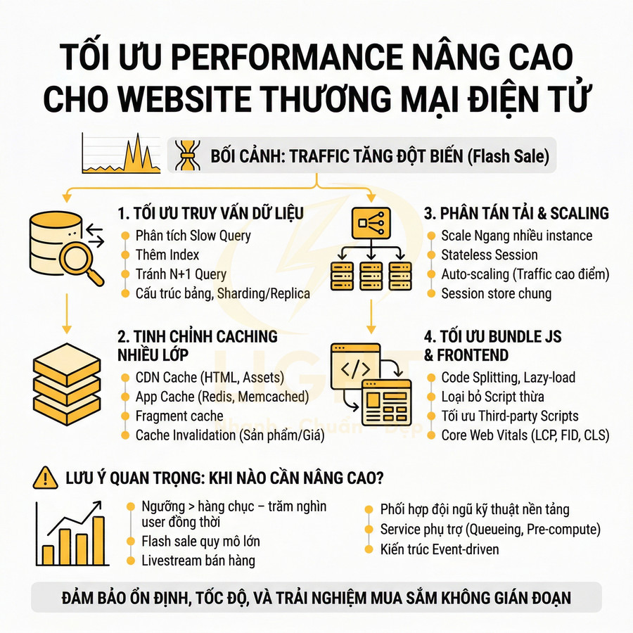 Hướng dẫn tối ưu hiệu năng website thương mại điện tử khi traffic tăng đột biến với truy vấn dữ liệu, caching, scaling, frontend