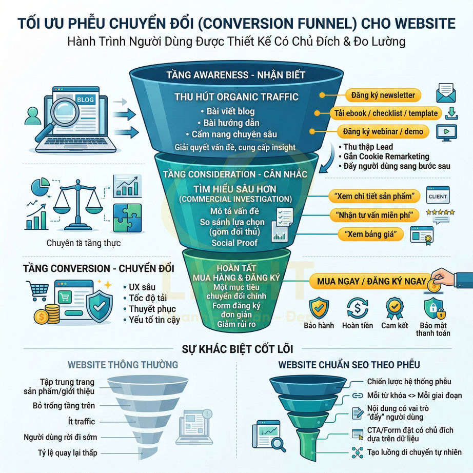 Infographic tối ưu phễu chuyển đổi website với các bước tăng nhận biết, cân nhắc và chuyển đổi chuẩn SEO