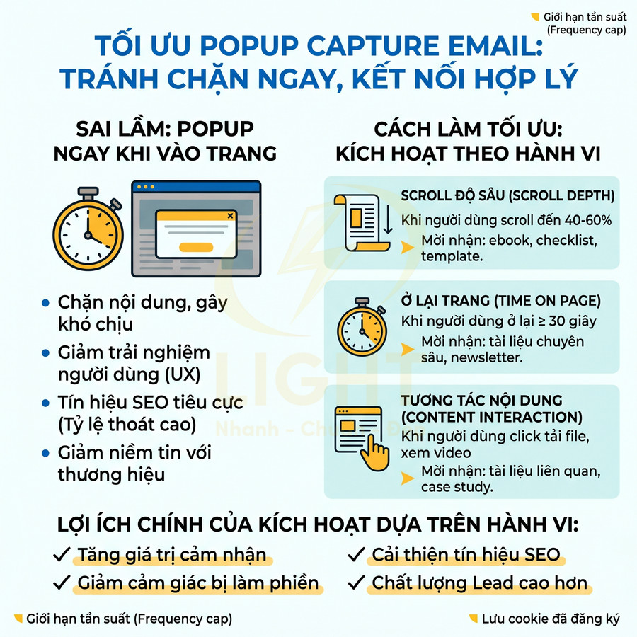 Infographic hướng dẫn tối ưu popup capture email bằng kích hoạt theo hành vi để tăng trải nghiệm và chất lượng lead