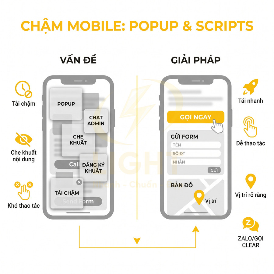 So sánh giao diện mobile nhiều popup gây chậm với giao diện tối ưu nút gọi ngay và form liên hệ