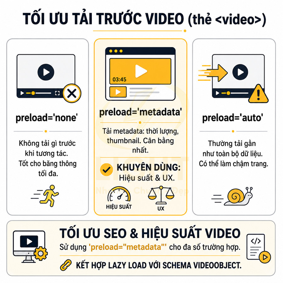 Infographic hướng dẫn tối ưu thuộc tính preload thẻ video để cải thiện SEO và hiệu suất tải video