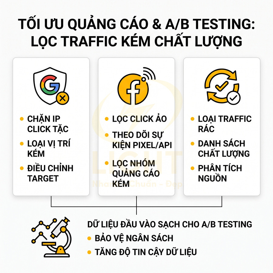 Infographic tối ưu quảng cáo và A/B testing bằng lọc traffic kém chất lượng, chặn click ảo và loại bỏ traffic rác