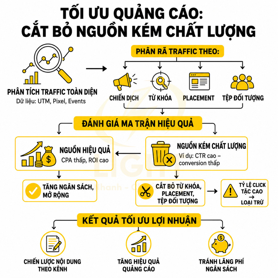 Quy trình tối ưu quảng cáo loại bỏ nguồn traffic kém chất lượng để tăng hiệu quả và lợi nhuận marketing