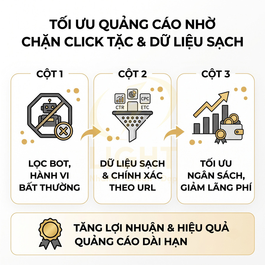 Quy trình tối ưu quảng cáo bằng chặn click tặc, lọc bot, dữ liệu sạch và tối ưu ngân sách để tăng lợi nhuận