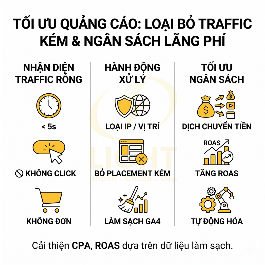 Infographic tối ưu quảng cáo loại bỏ traffic kém, tối ưu ngân sách và cải thiện CPA ROAS dựa trên dữ liệu sạch