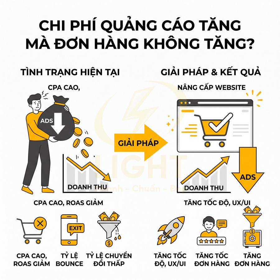 Mô tả giải pháp nâng cấp website để giảm chi phí quảng cáo, tăng tốc độ, UX UI và tối ưu chuyển đổi đơn hàng