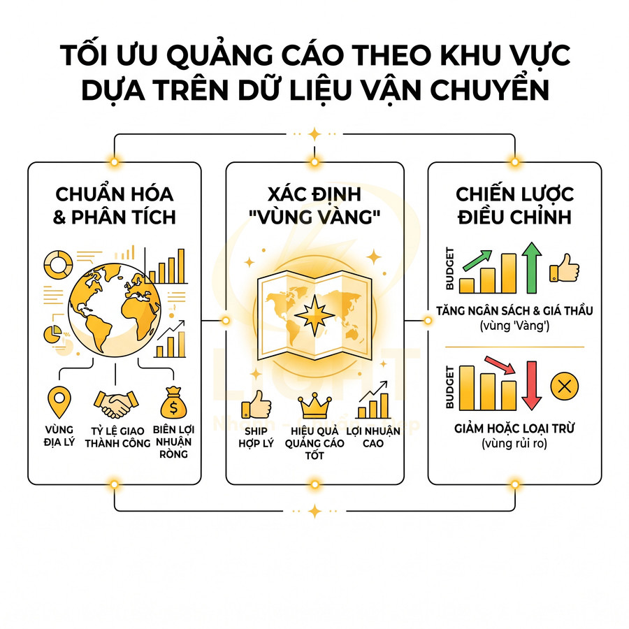 Infographic tối ưu quảng cáo theo khu vực dựa trên dữ liệu vận chuyển với các bước phân tích và điều chỉnh ngân sách