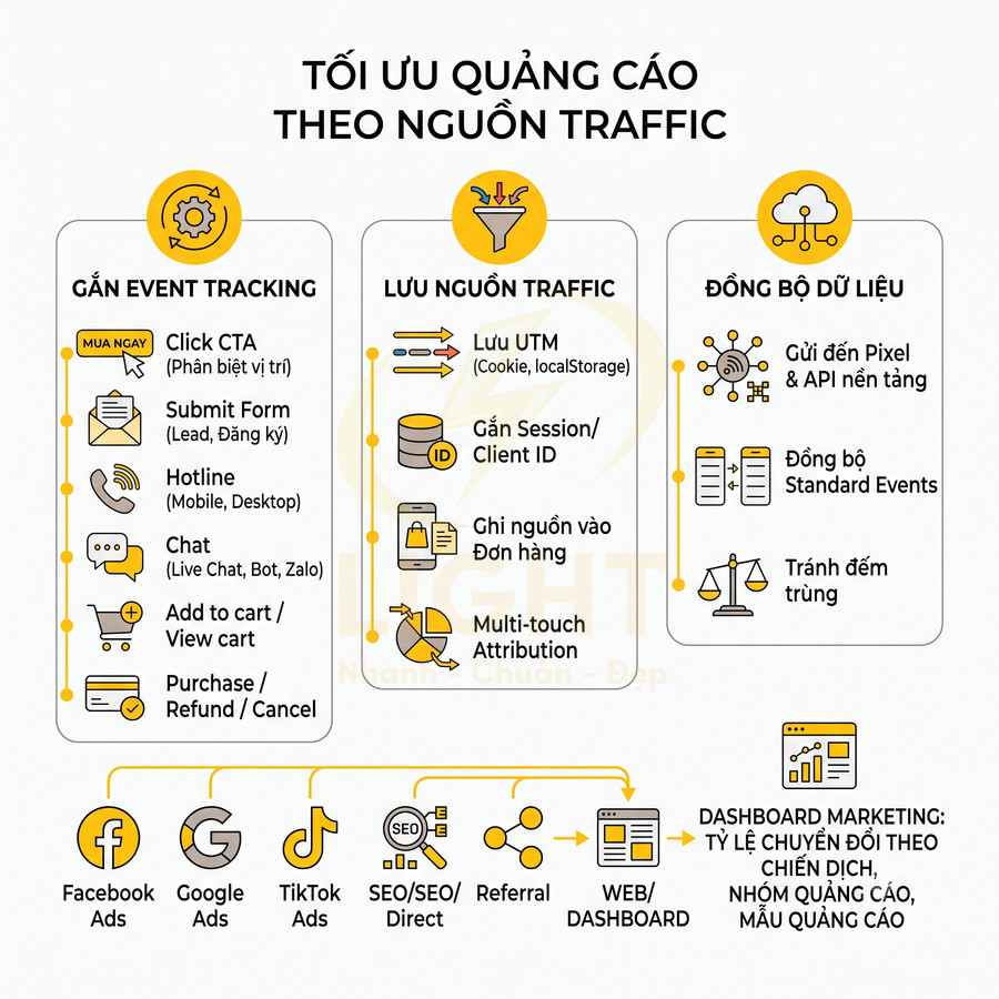 Sơ đồ tối ưu quảng cáo theo nguồn traffic với các bước gắn event tracking, lưu nguồn và đồng bộ dữ liệu