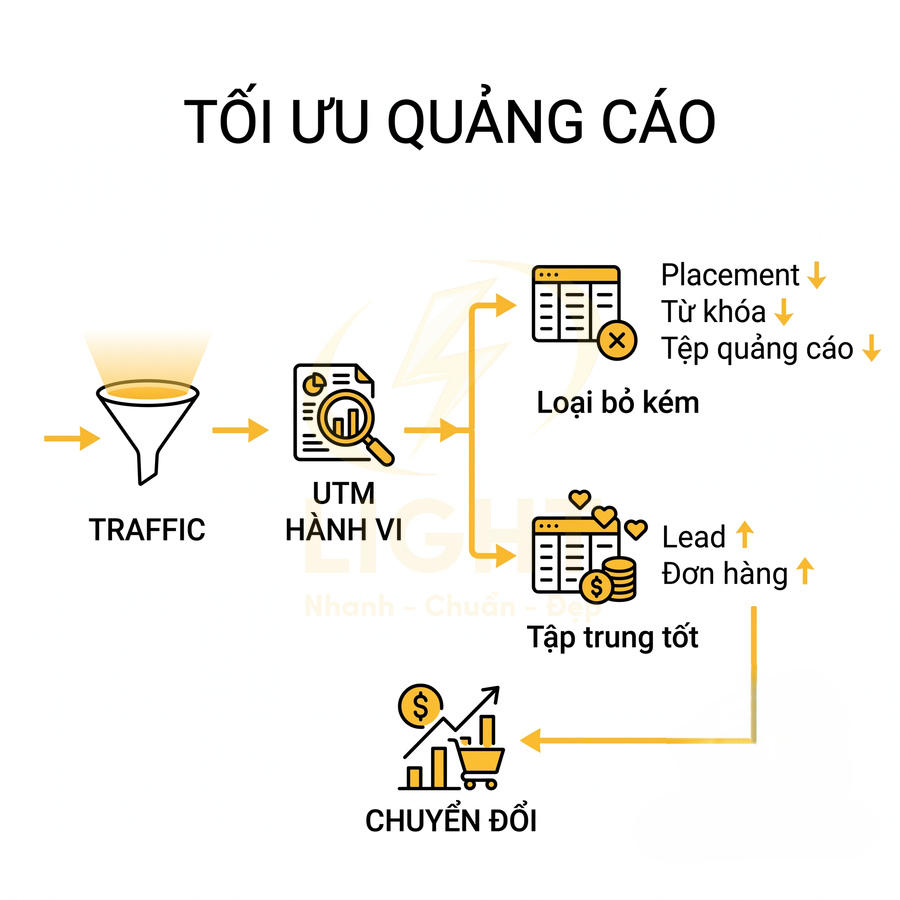 Quy trình tối ưu quảng cáo từ traffic qua UTM hành vi đến loại bỏ kém, tập trung tốt và tăng chuyển đổi