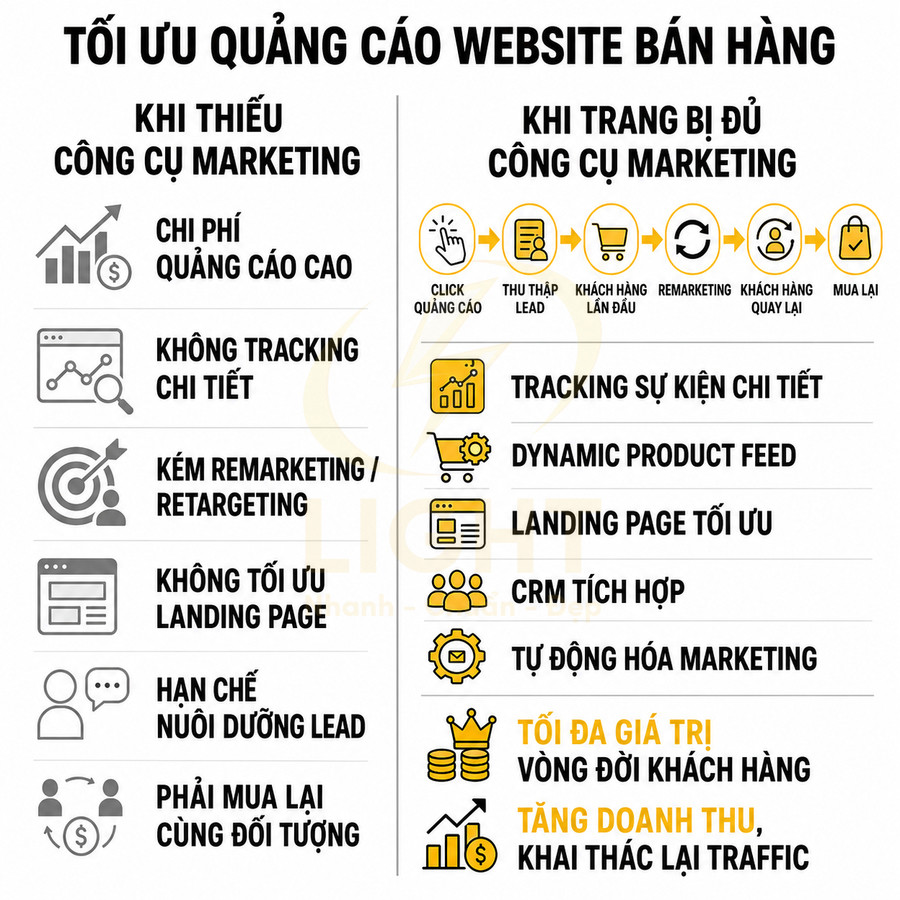 So sánh tối ưu quảng cáo website bán hàng khi thiếu và khi đủ công cụ marketing, nêu lợi ích tăng doanh thu