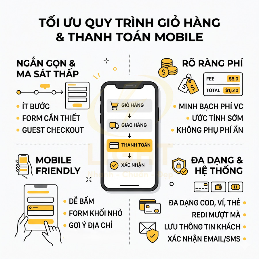 Minh họa quy trình tối ưu giỏ hàng và thanh toán trên điện thoại di động cho website bán hàng