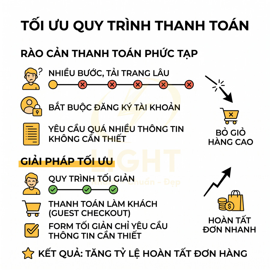 Tối ưu quy trình thanh toán với ít bước, không bắt buộc đăng ký, form đơn giản giúp tăng tỷ lệ hoàn tất đơn hàng