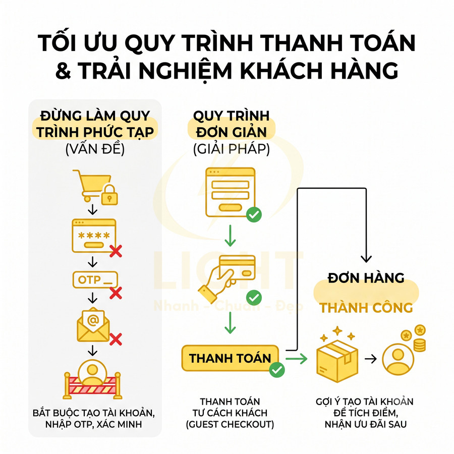 Infographic so sánh quy trình thanh toán phức tạp và quy trình đơn giản giúp tối ưu trải nghiệm khách hàng
