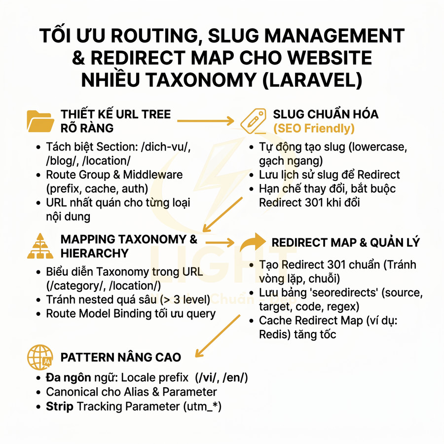 Infographic tối ưu routing, slug, redirect map cho website nhiều taxonomy trong Laravel, hướng dẫn cấu trúc URL chuẩn SEO