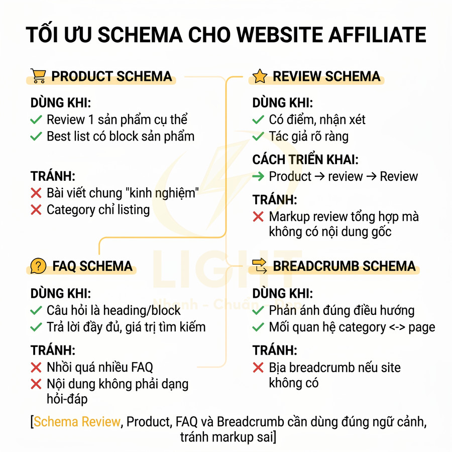 Hướng dẫn tối ưu schema Product, Review, FAQ, Breadcrumb cho website affiliate bằng tiếng Việt
